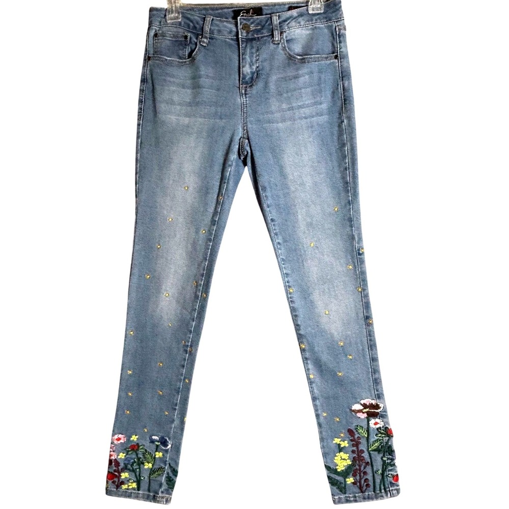 Earl Jean Womens Size 4 Light Wash Embroidered Floral Skinny Jeans Sunburst Blue